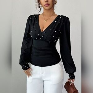 Elegant Black Long Sleeve Top with Pearl Accents BLACK FRIDAY SALE !! 🎁